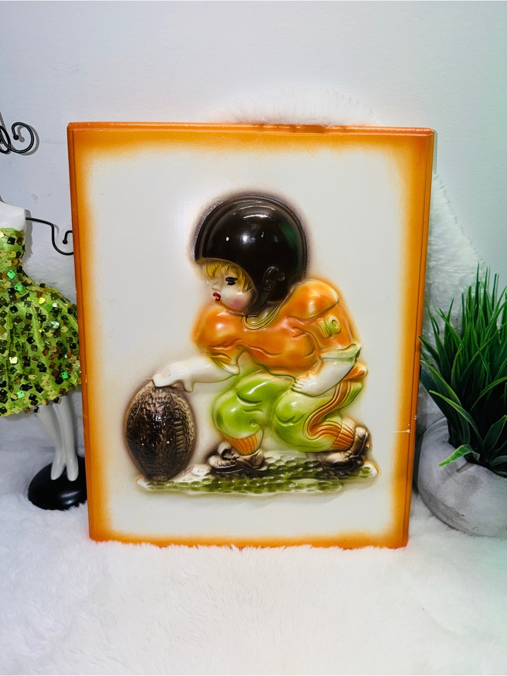 Vintage-Style Ceramic Football Boy Wall Plaque in Orange and Green 🏈